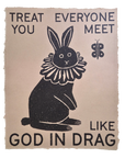 Close-up of the God in Drag art print showing its torn deckled edge and textured oatmeal Speckletone paper