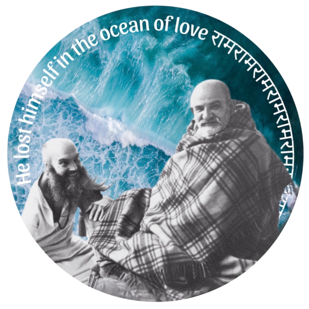 A circular graphic print featuring a black-and-white historical photo of two bearded men wrapped in plaid blankets, set against a vivid blue ocean wave background with white script text around the edge.