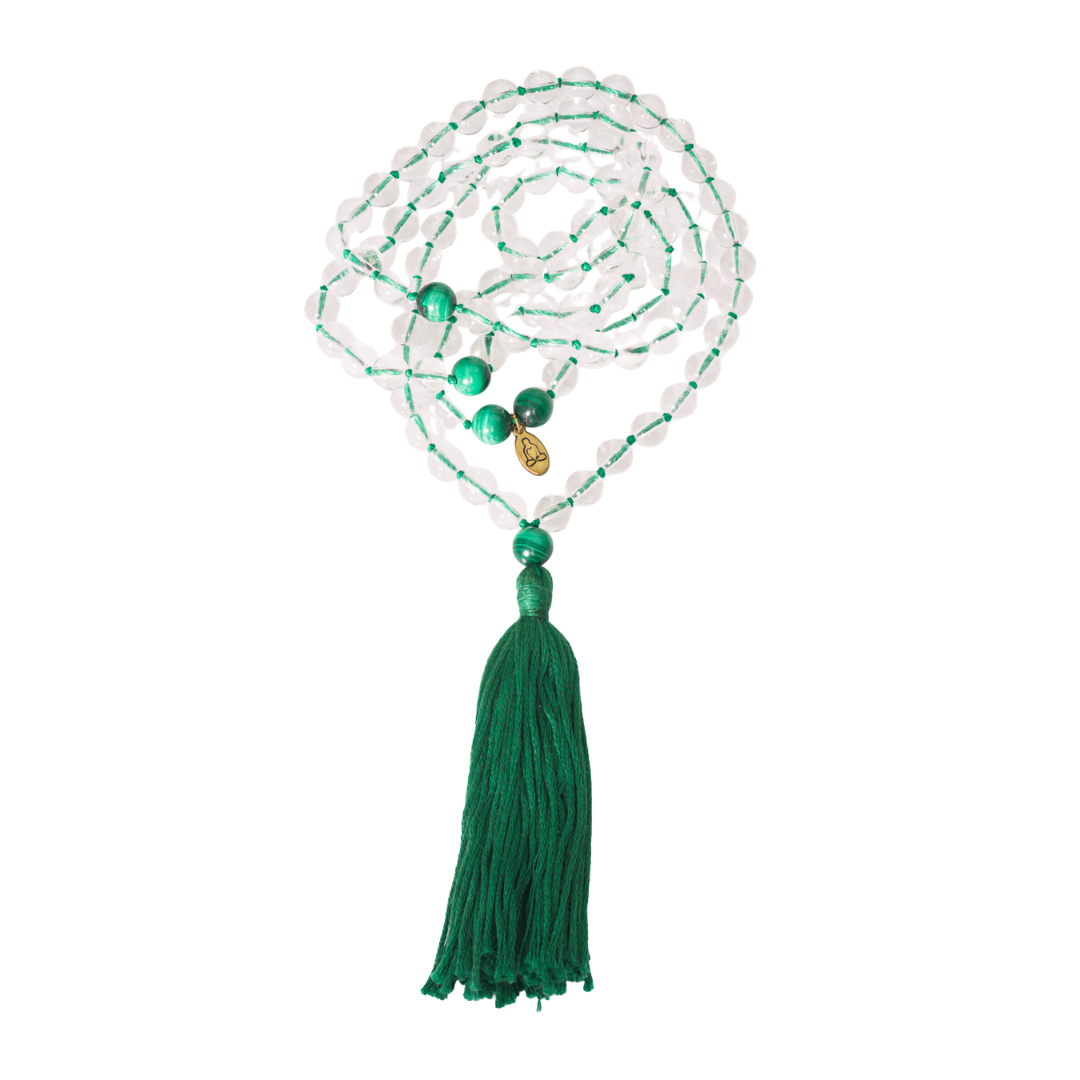 Clear Quartz and Malachite Gemstone Mala (108 beads + 1 bindu)