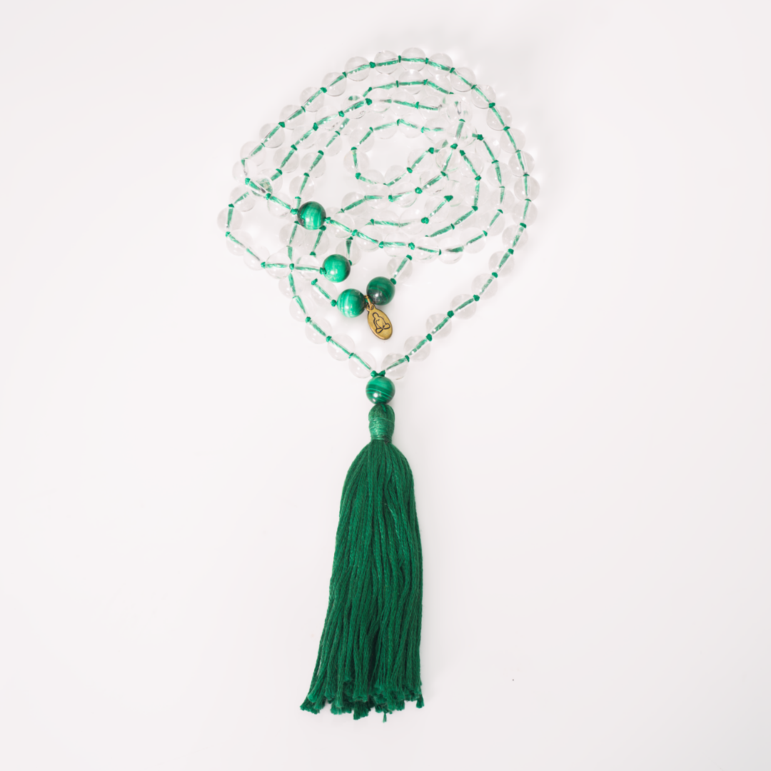 Clear Quartz and Malachite Gemstone Mala (108 beads + 1 bindu)