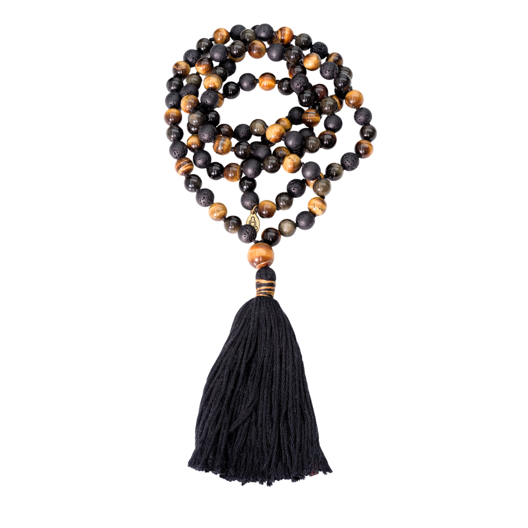 Tiger Eye, Black Lava Stone and Golden Sheen Obsidian Gemstone Mala (108 beads + 1 bindu)