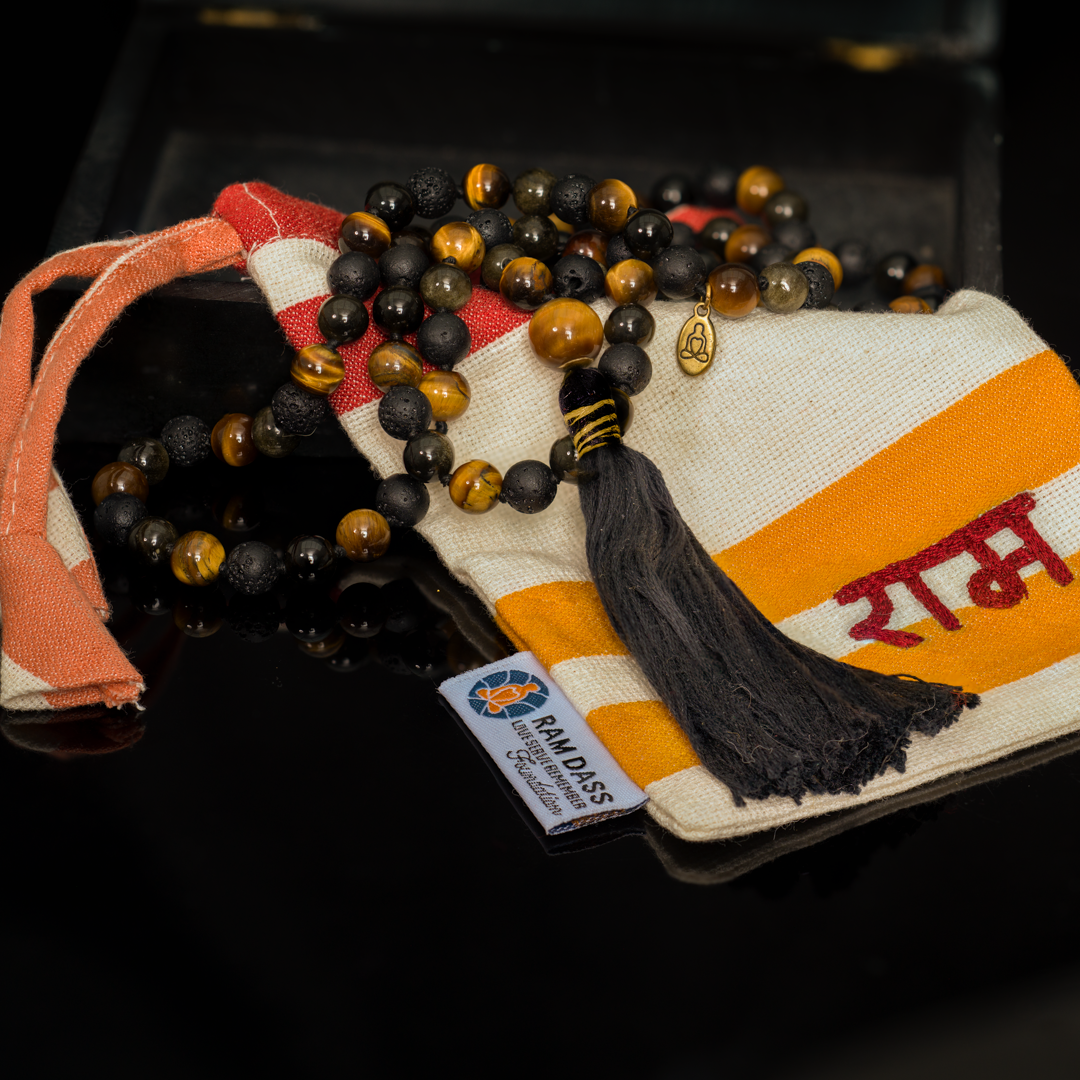 Tiger Eye, Black Lava Stone and Golden Sheen Obsidian Gemstone Mala (108 beads + 1 bindu)
