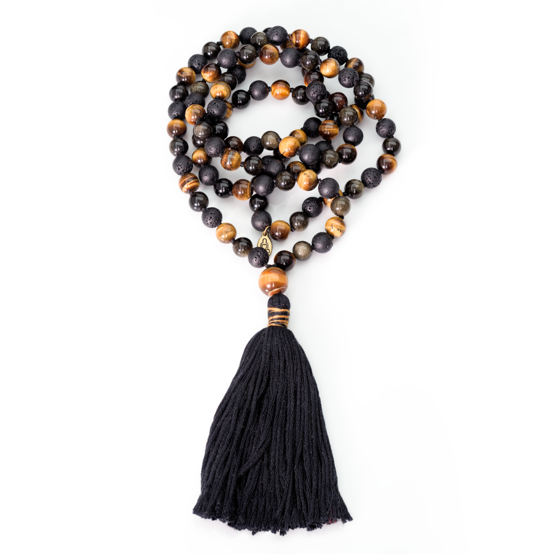 Tiger Eye, Black Lava Stone and Golden Sheen Obsidian Gemstone Mala (108 beads + 1 bindu)
