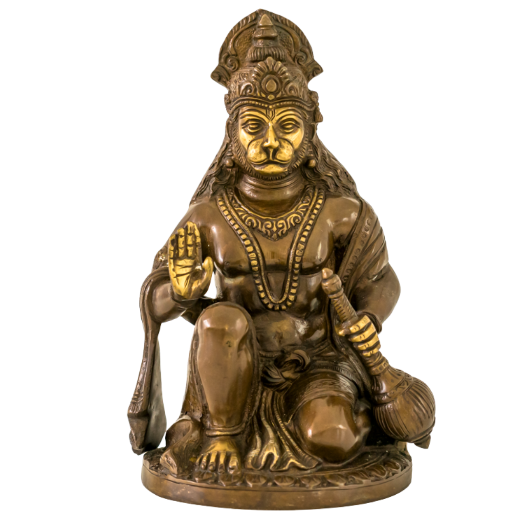 A bronze-finished statue of Lord Hanuman seated in a meditative pose, featuring gold-painted accents on the face, chest, and hand, set against a plain white background.