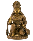 A bronze-finished statue of Lord Hanuman seated in a meditative pose, featuring gold-painted accents on the face, chest, and hand, set against a plain white background.