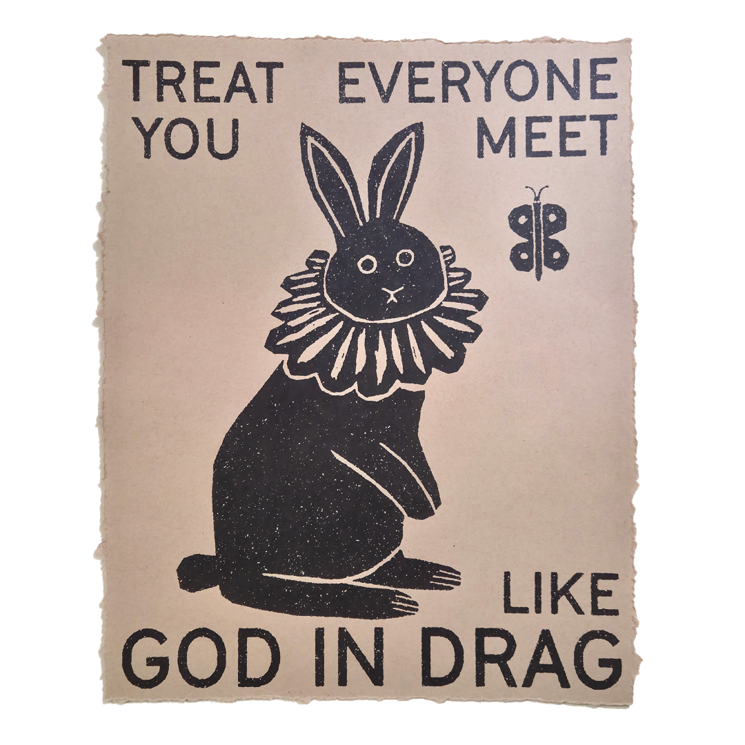 Close-up of the God in Drag art print showing its torn deckled edge and textured oatmeal Speckletone paper