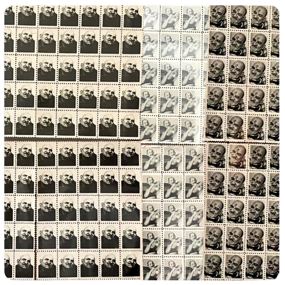 A sheet of many postage stamps arranged in a grid, each stamp showing a black-and-white portrait of a bald man. The sheet fills most of the frame on a white background.
