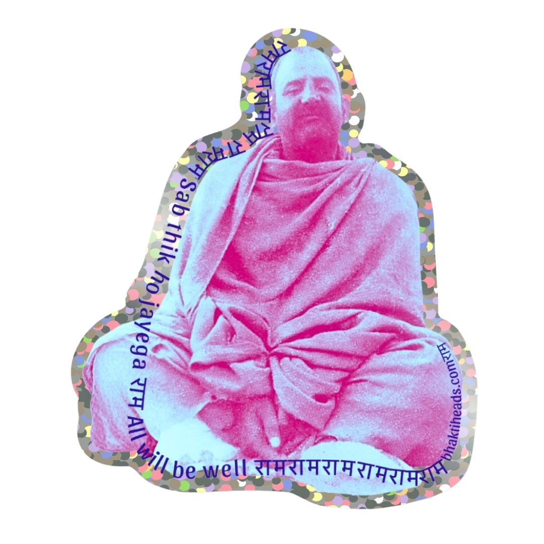 A die-cut sticker featuring a pink-toned portrait of Swami Vivekananda seated in a meditative pose, surrounded by Hindi text and a holographic glitter border on a white background.