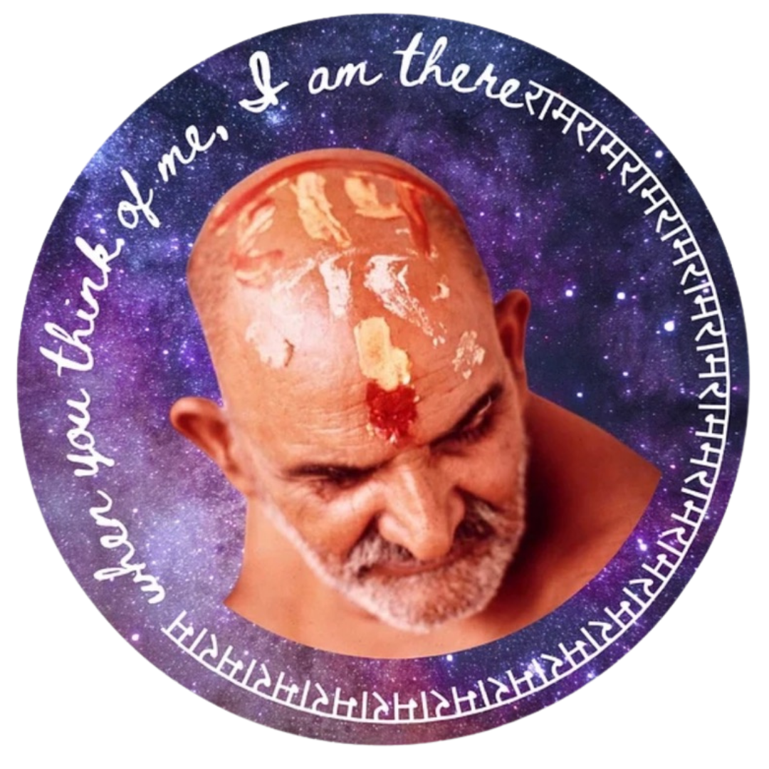 A circular graphic print or sticker featuring a close-up portrait of a bald man with a red and yellow forehead marking, set against a purple galaxy background with white script text.