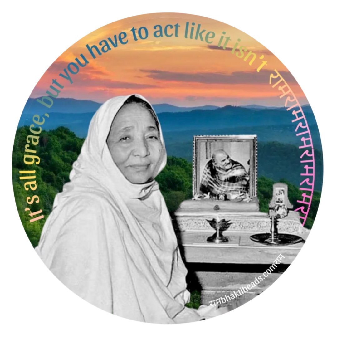 A circular printed graphic featuring a black-and-white portrait of a woman in a white head covering, with a color landscape background showing mountains and a sunset. A small framed portrait, a lamp, and decorative text are also visible.