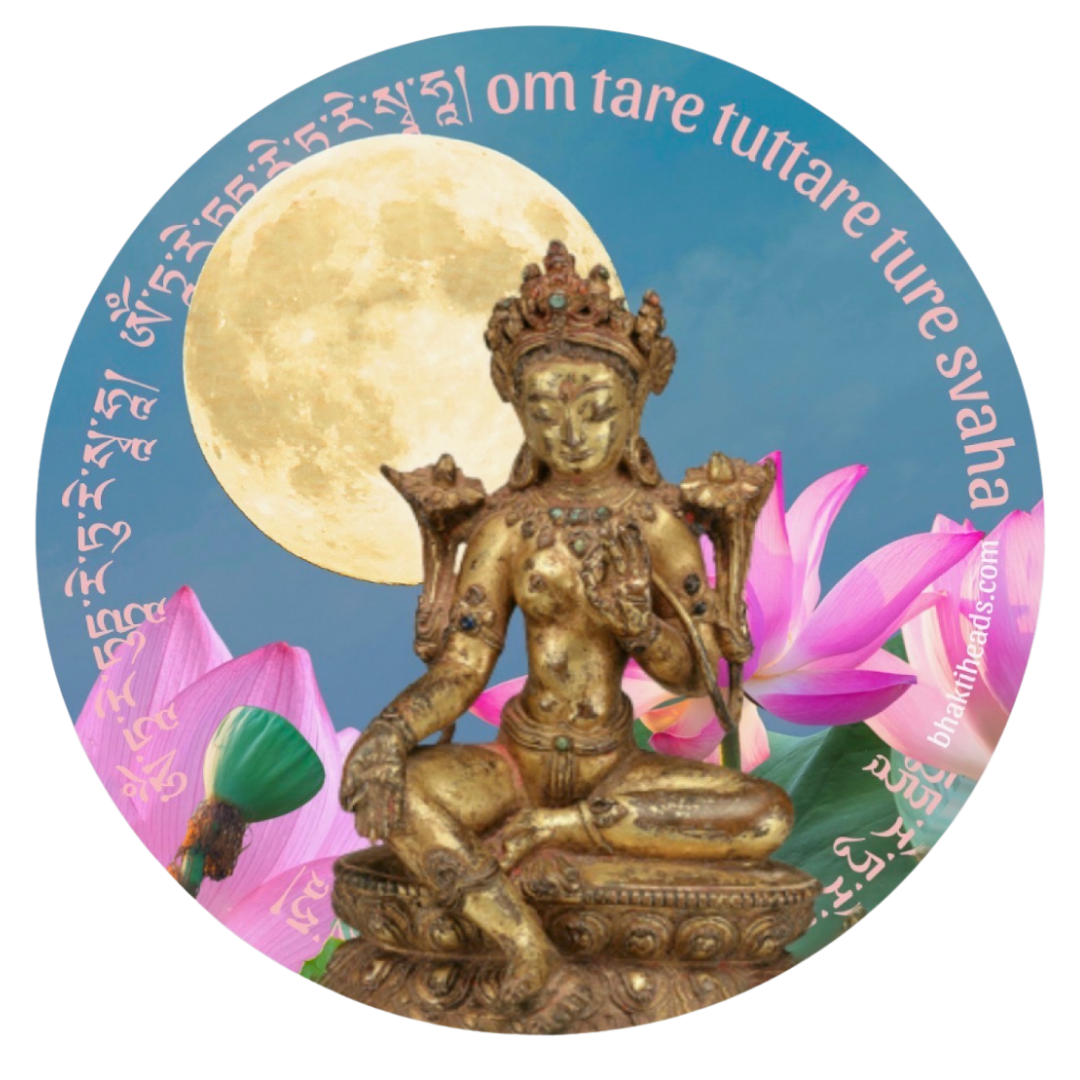 A circular graphic featuring a seated golden statue of a deity in front of a large pale moon and pink lotus flowers, with blue sky and white script around the edge.
