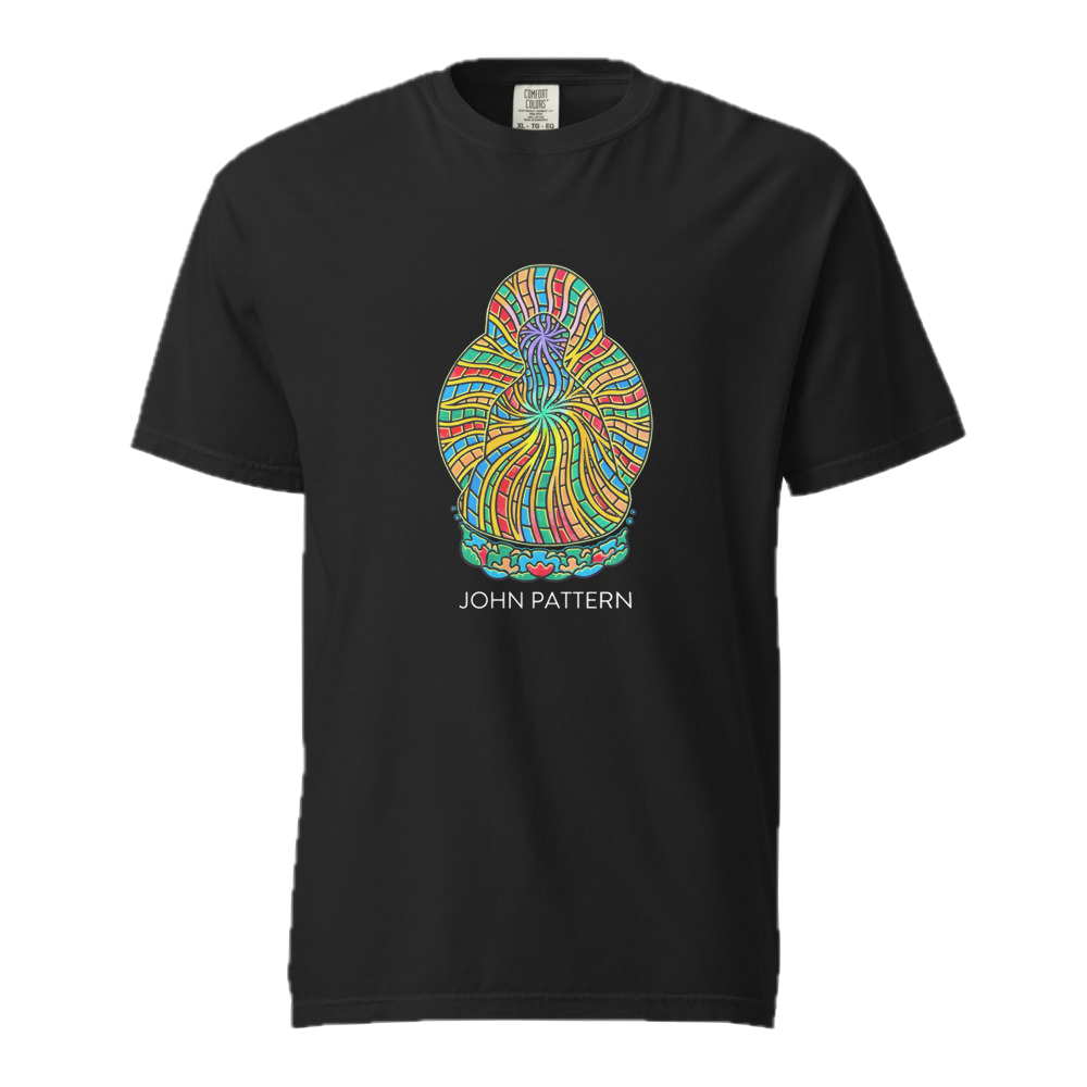 A black short-sleeve crewneck t-shirt featuring a colorful, psychedelic spiral graphic on the chest with the text 'JOHN PATTERN' printed below it.