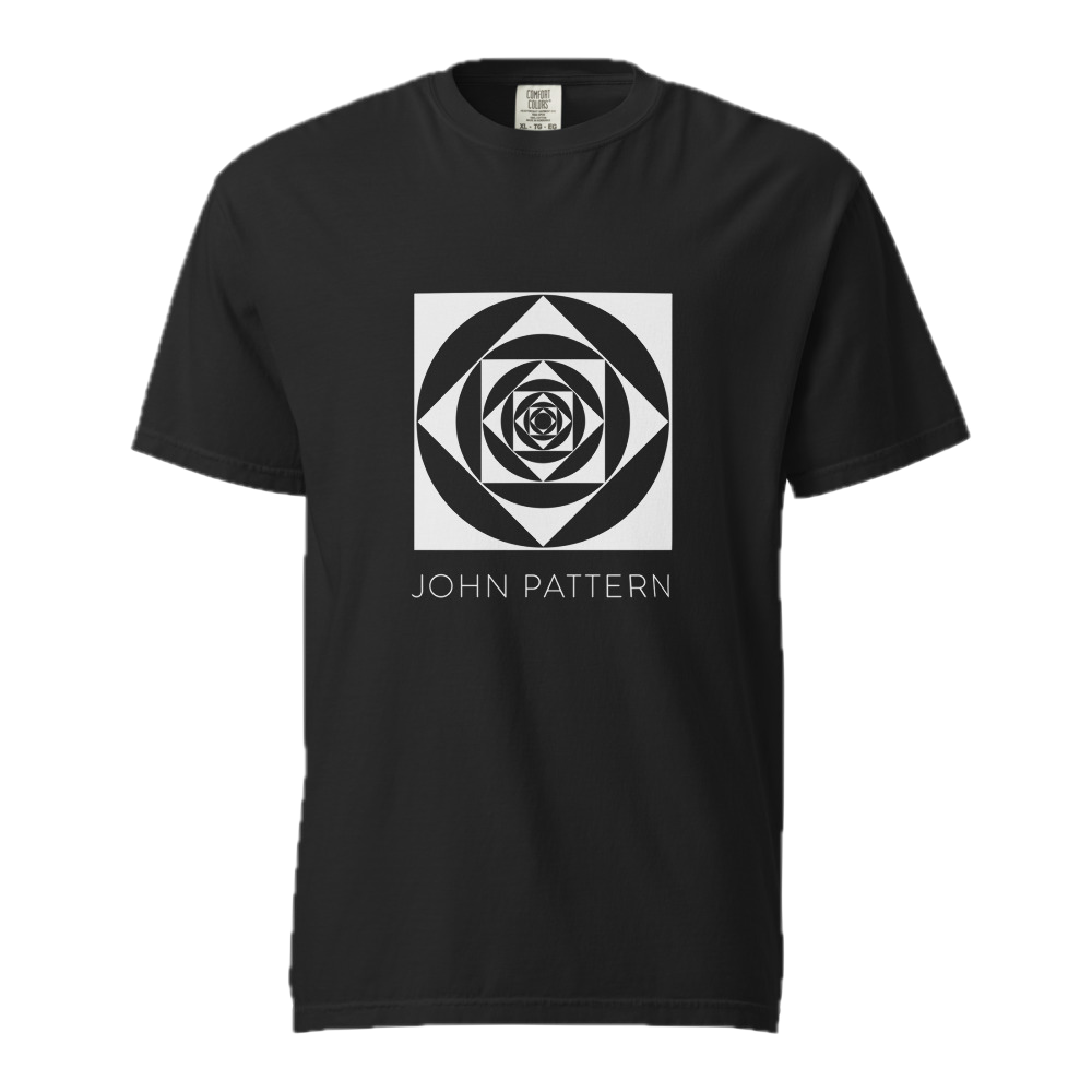 A black short-sleeve crewneck t-shirt featuring a white geometric 'John Pattern' logo on the chest, displayed against a solid white background.
