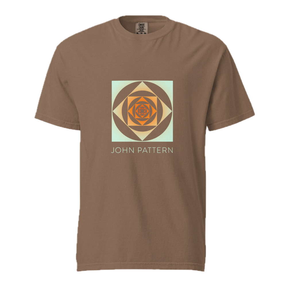 A brown short-sleeve crewneck t-shirt featuring a geometric graphic on the chest with the text 'JOHN PATTERN' underneath, displayed on a clean white background.
