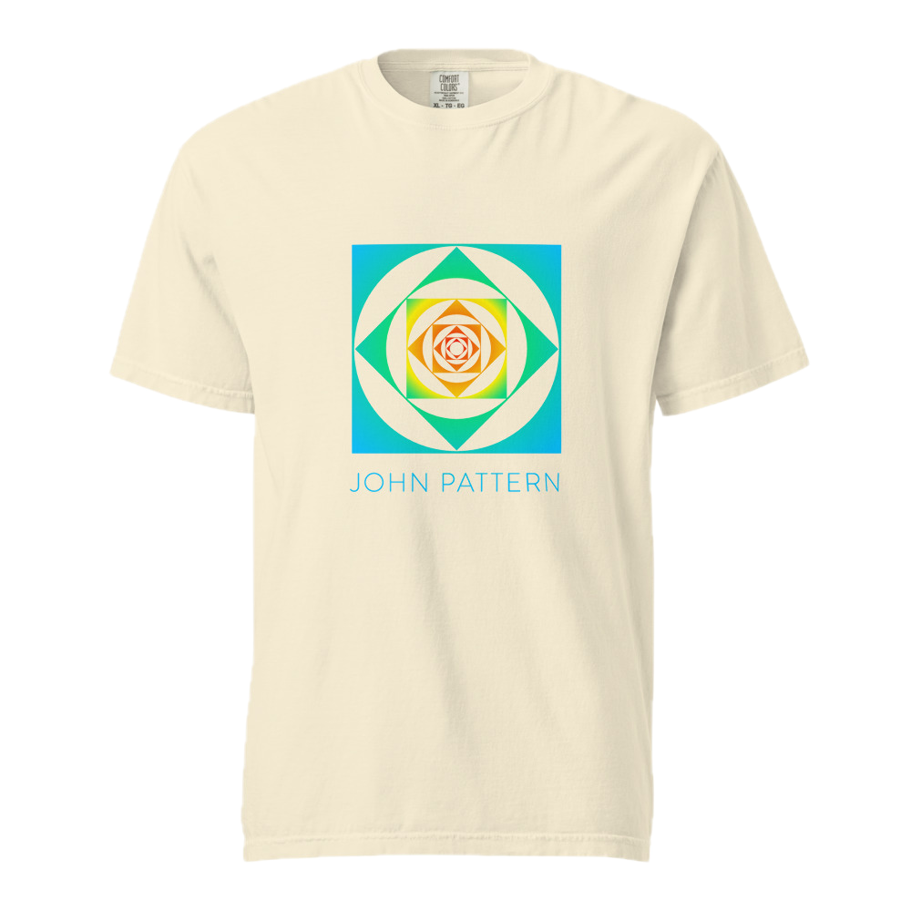 A cream-colored short-sleeve t-shirt with a colorful geometric graphic on the chest. The graphic features a teal, green, yellow, and orange spiral pattern inside concentric squares, with the text 'JOHN PATTERN' printed in light blue below it.