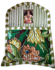 A quilted fabric pouch or pocket with a green and white striped top border and a colorful floral print lower section. A small printed religious image of a seated figure is stitched near the top center, and a small blue bead hangs from the front.